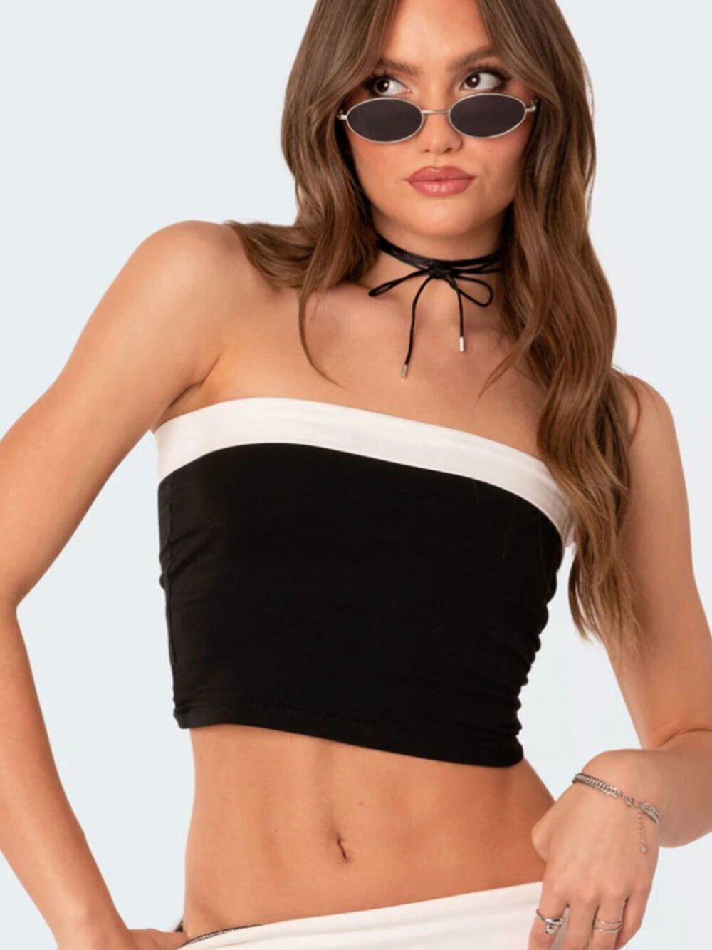 EDIKTED Contrast Foldover Tube Top Cropped Black & White Size Small